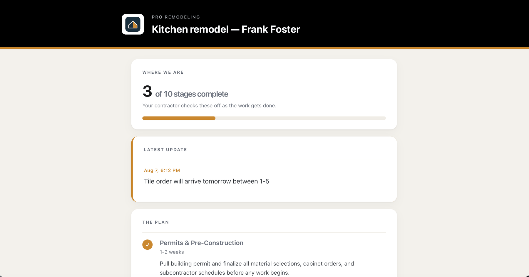 The client progress page for a kitchen remodel, branded to the contractor, showing three of ten stages complete, the latest update from the contractor, and the phase-by-phase plan.